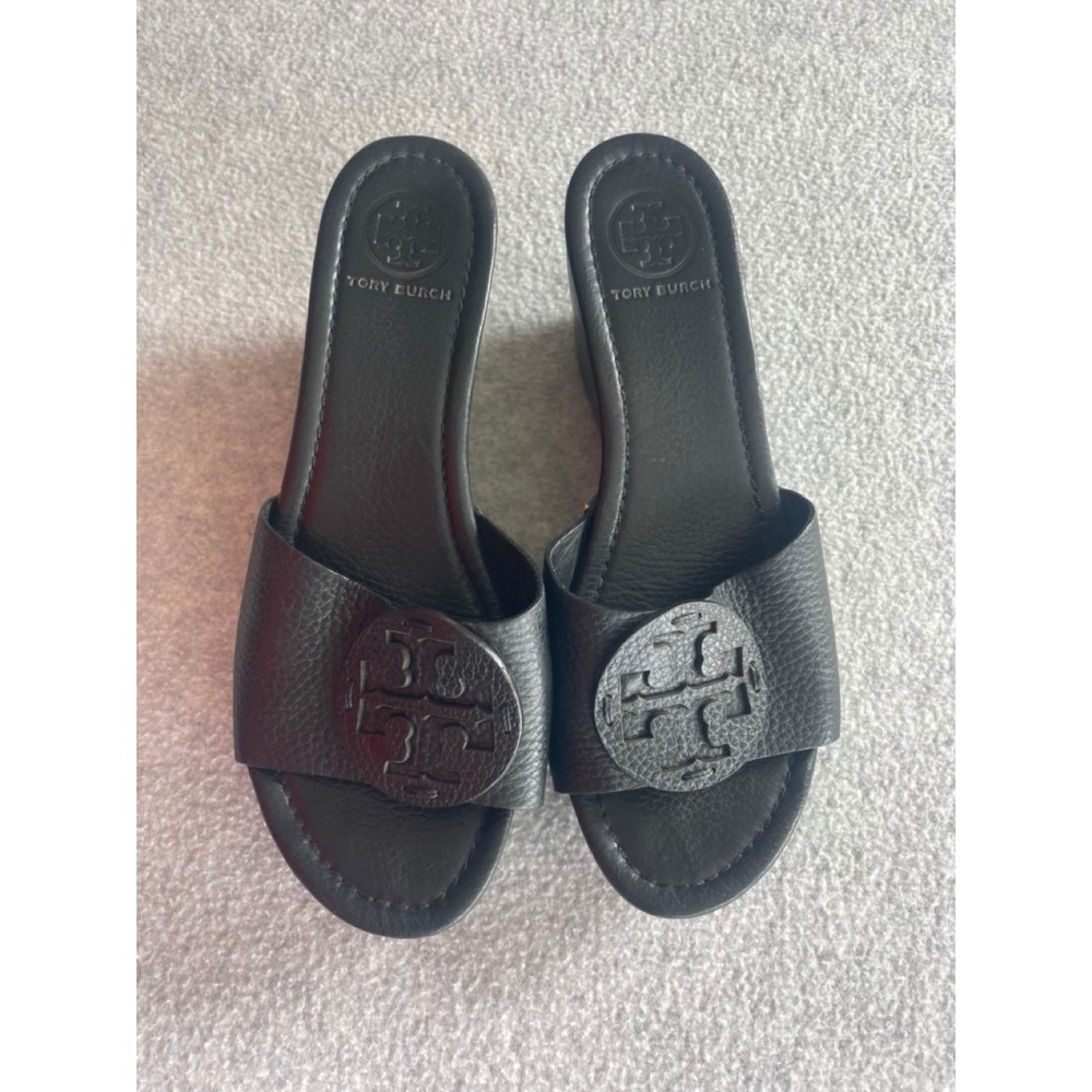 Tory Burch Miller Black Leather Studded Wedge Sandals Slides Size 8.5 M